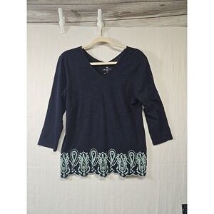 Talbots Petites Women's‎ Top Small Navy Cotton Scalloped Embroidered Eyelet Hem